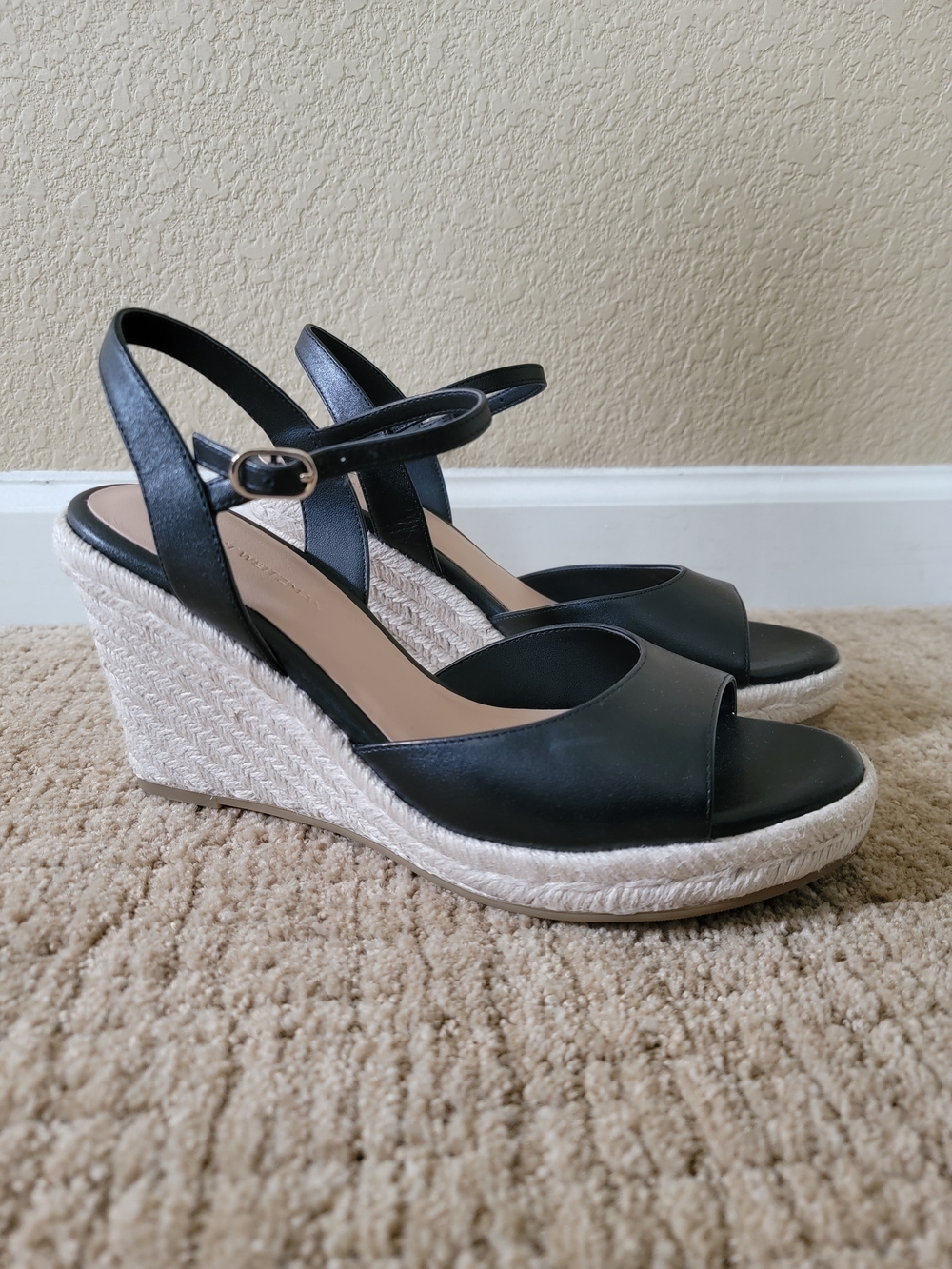 New Stuart Weitzman Black Leather Espadrille Wedge Sandals, Size 7.5